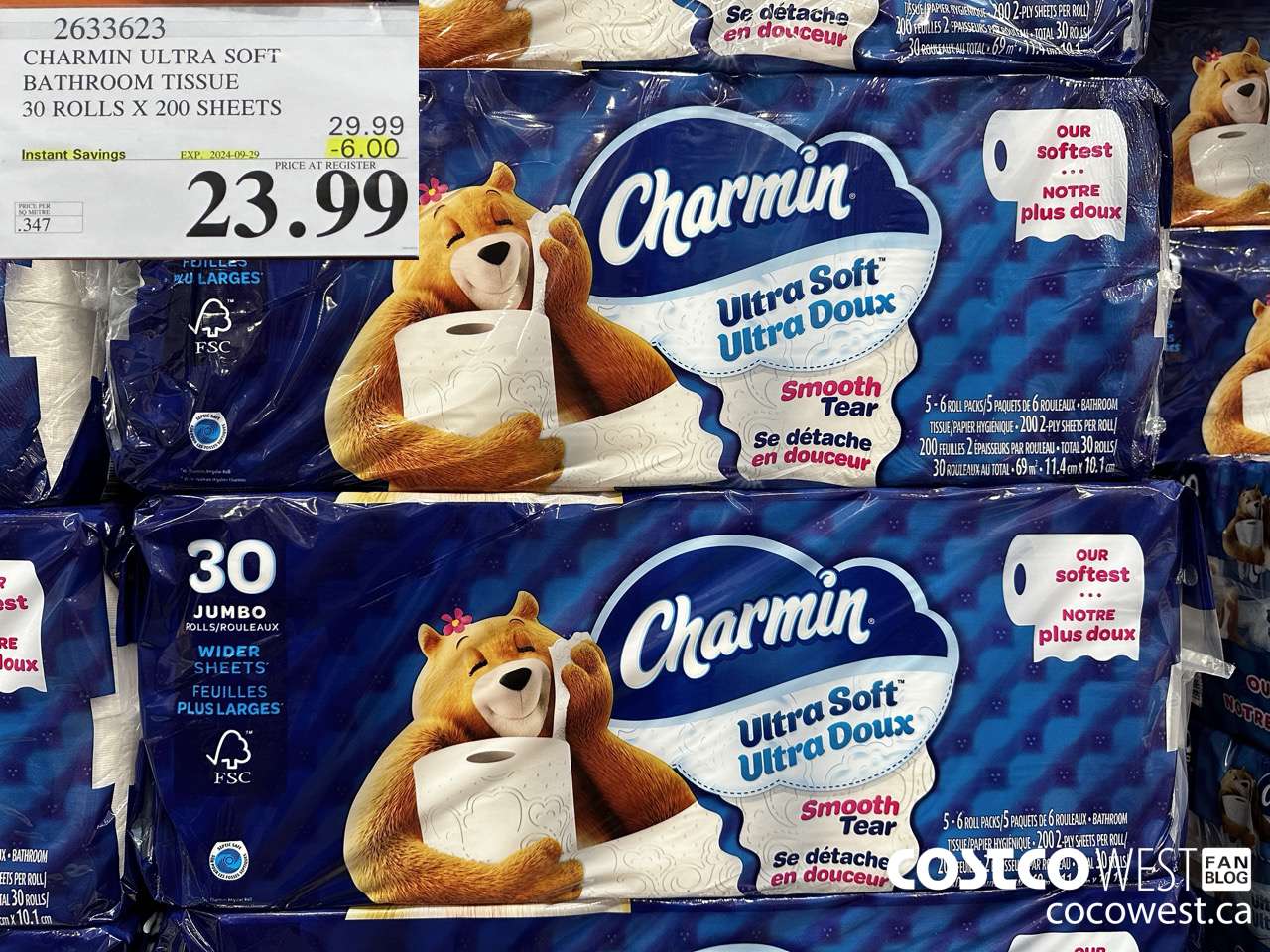 2633623 CHARMIN ULTRA SOFT BATHROOM TISSUE 30 ROLLS X 200 SHEETS ($6.00 INSTANT SAVINGS EXPIRES ON 2024-09-29) $23.99