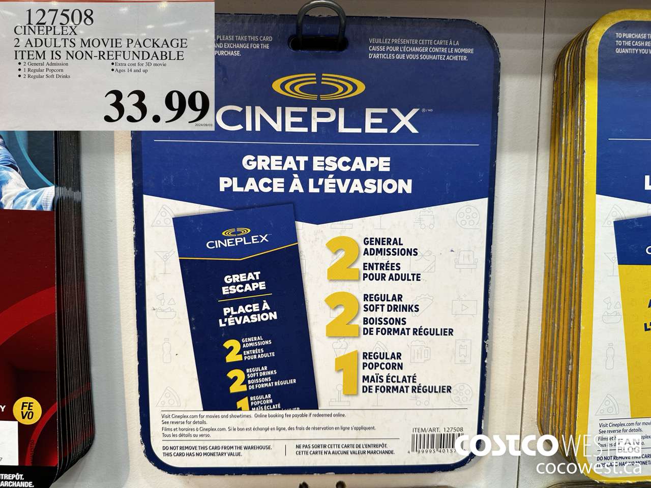127508 CINEPLEX GREAT ESCAPE 2 ADULTS MOVIE PACKAGE $33.99