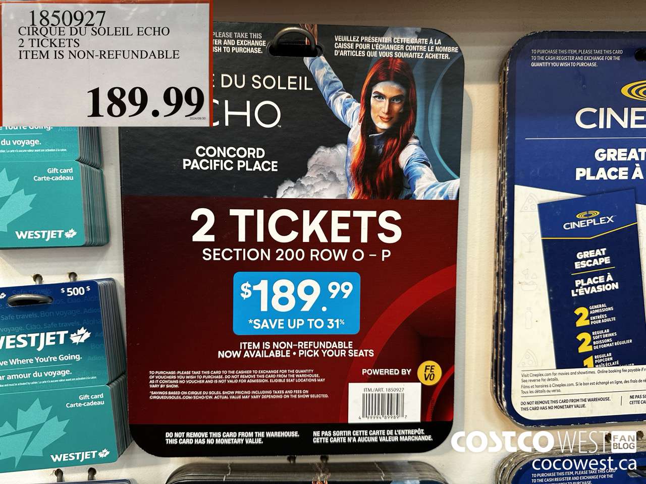 1850927 CIRQUE DU SOLEIL ECHO 2 TICKETS ITEM IS NON-REFUNDABLE $189.99