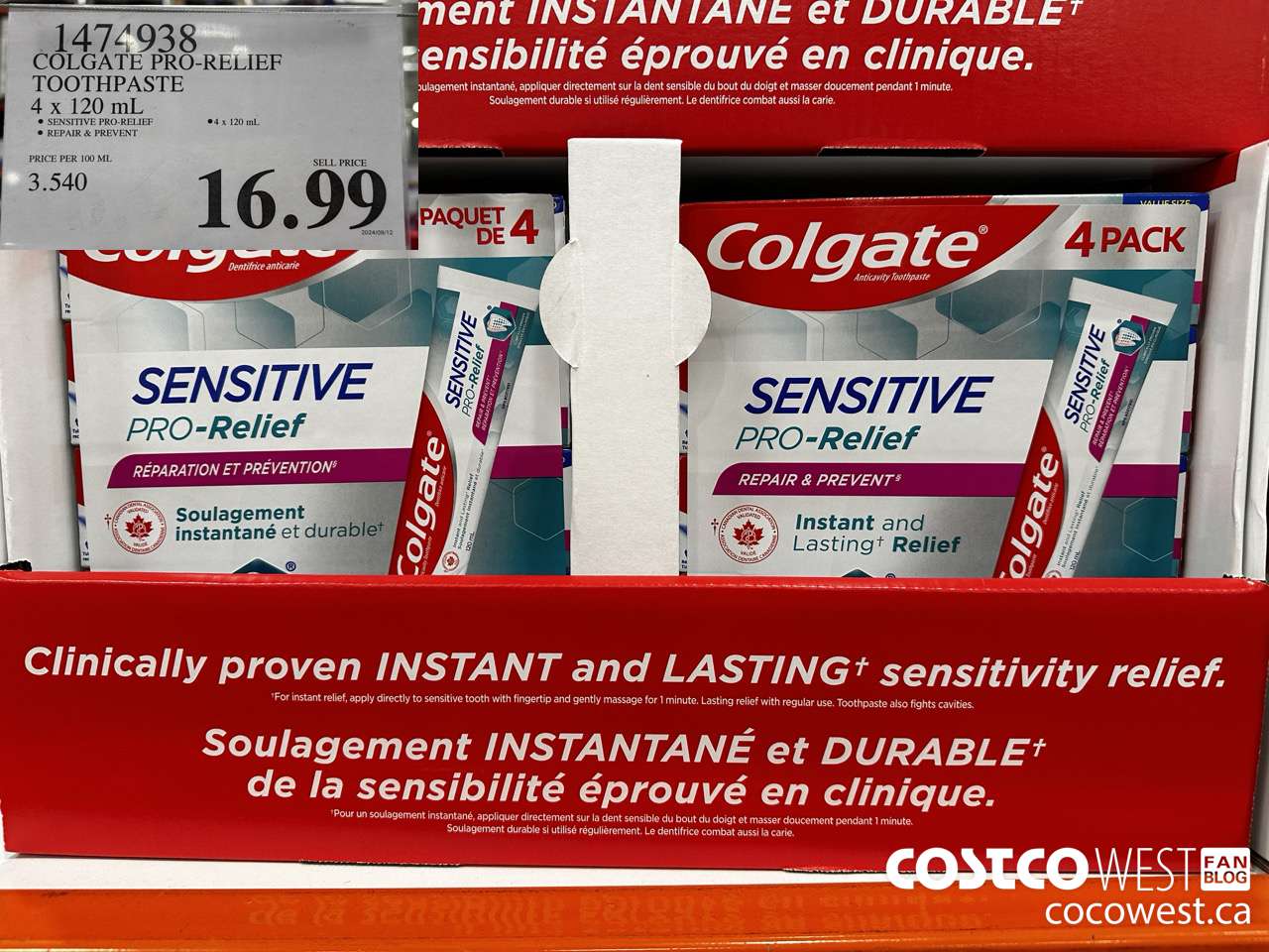 1474938 COLGATE PRO-RELIEF TOOTHPASTE 4 x 120 mL $16.99