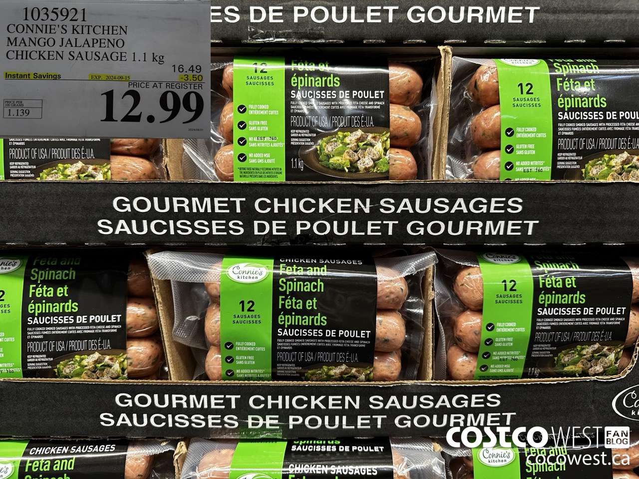 1035921 CONNIE'S KITCHEN MANGO JALAPENO CHICKEN SAUSAGE 1.1 KG ($3.50 INSTANT SAVINGS EXPIRES ON 2024-09-15) $12.99