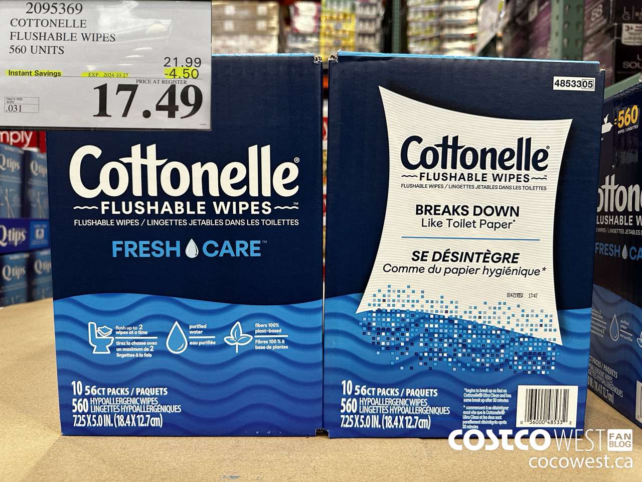 2095369 COTTONELLE FLUSHABLE WIPES 560 UNITS ($4.50 INSTANT SAVINGS EXPIRES ON 2024-10-27) $17.49