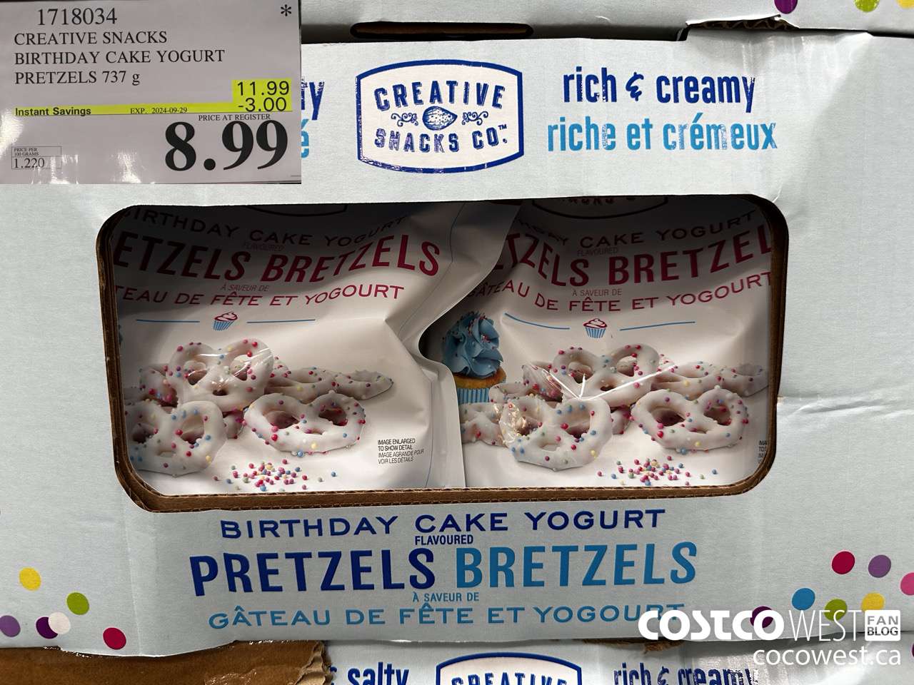 1718034 CREATIVE SNACKS BIRTHDAY CAKE YOGURT PRETZELS 737G ($3.00 INSTANT SAVINGS EXPIRES ON 2024-09-29) $8.99