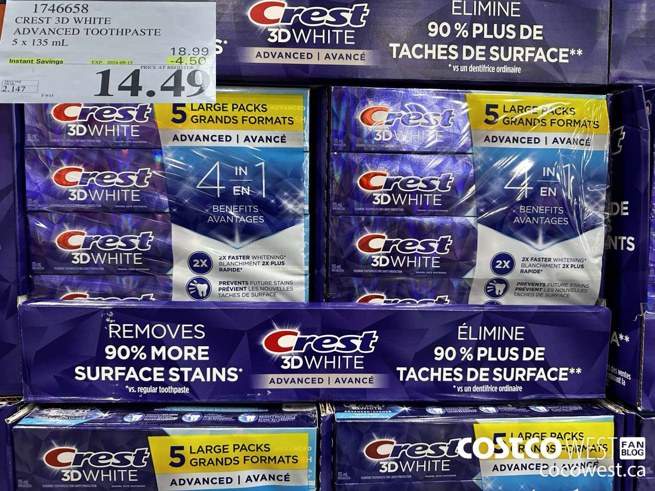 1746658 CREST 3D WHITE ADVANCED TOOTHPASTE 5 X 135ML ($4.50 INSTANT SAVINGS EXPIRES ON 2024-09-15) $14.49