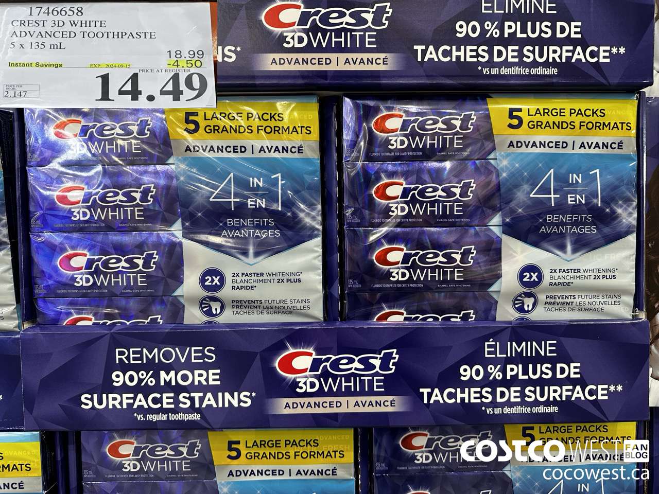 1746658 CREST 3D WHITE ADVANCED TOOTHPASTE 5 X 135ML ($4.50 INSTANT SAVINGS EXPIRES ON 2024-09-15) $14.49