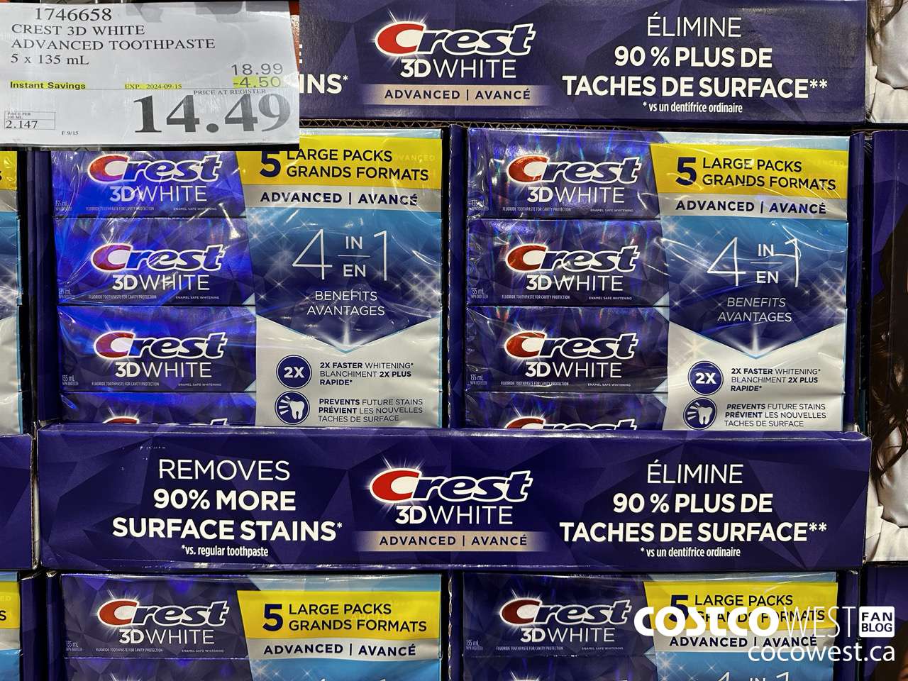 1746658 CREST 3D WHITE ADVANCED TOOTHPASTE 5 X 135ML ($4.50 INSTANT SAVINGS EXPIRES ON 2024-09-15) $14.49