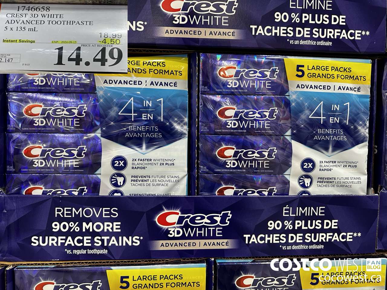 1746658 CREST 3D WHITE ADVANCED TOOTHPASTE 5 X 135ML ($4.50 INSTANT SAVINGS EXPIRES ON 2024-09-15) $14.49