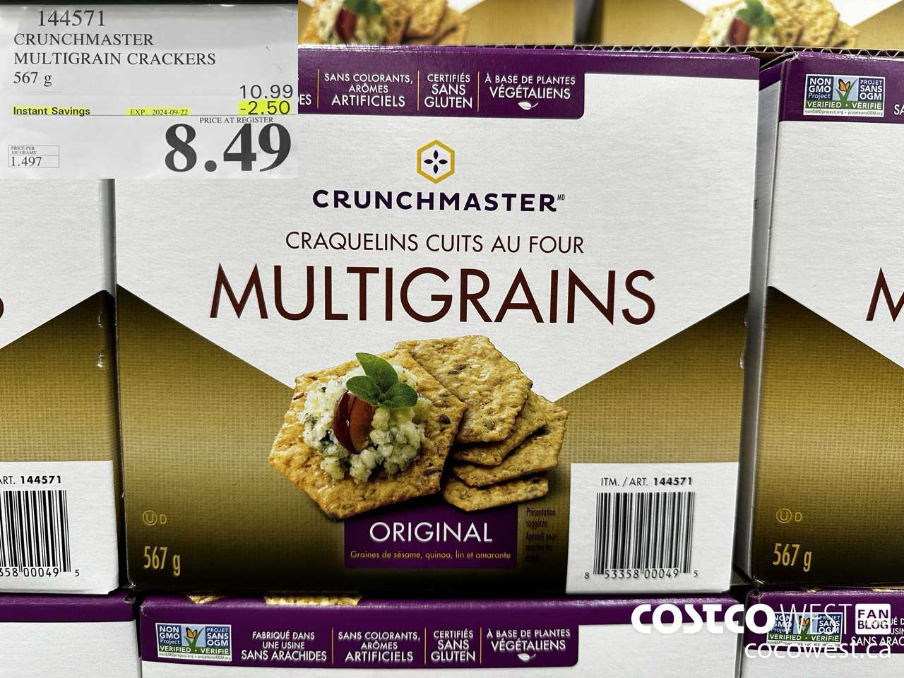 144571 CRUNCHMASTER MULTIGRAIN CRACKERS 567 G ($2.50 INSTANT SAVINGS EXPIRES ON 2024-09-22) $8.49