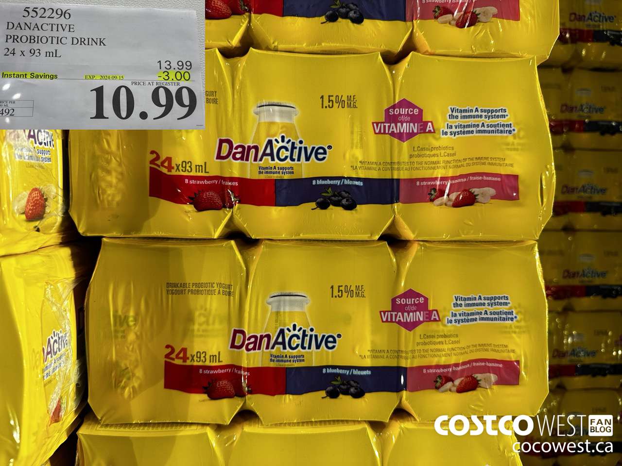 552296 DANACTIVE PROBIOTIC DRINK 24 x 93 mL ($3.00 INSTANT SAVINGS EXPIRES ON 2024-09-15) $10.99