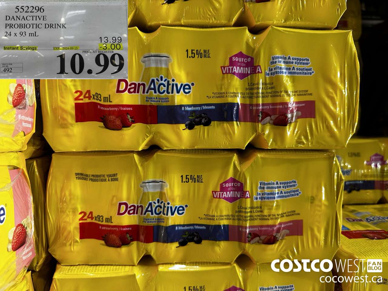 552296 DANACTIVE PROBIOTIC DRINK 24 x 93 mL ($3.00 INSTANT SAVINGS EXPIRES ON 2024-09-15) $10.99