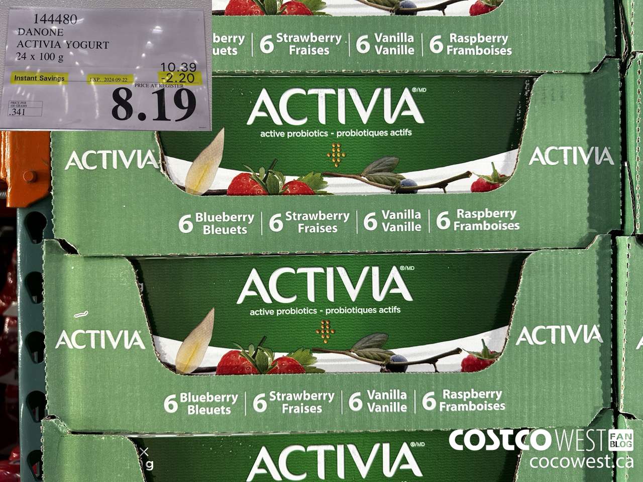 144480 DANONE ACTIVIA YOGURT 24 x 100 g ($2.20 INSTANT SAVINGS EXPIRES ON 2024-09-22) $8.19