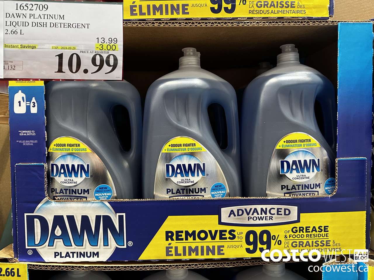 1652709 DAWN PLATINUM LIQUID DISH DETERGENT 2.66L ($3.00 INSTANT SAVINGS EXPIRES ON 2024-09-29) $10.99