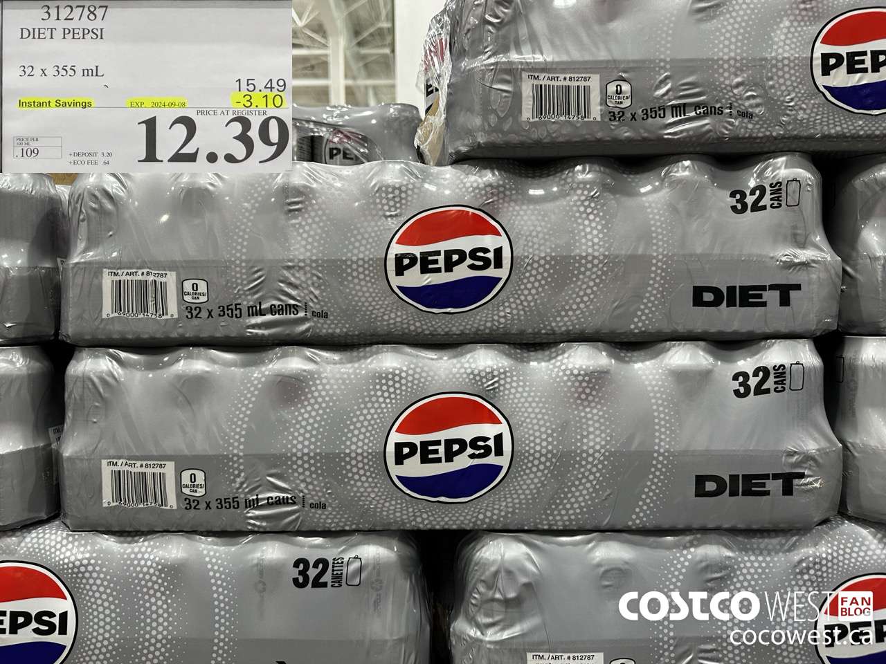 312787 DIET PEPSI 32 X 355 ML ($3.10 INSTANT SAVINGS EXPIRES ON 2024-09-08) $12.39