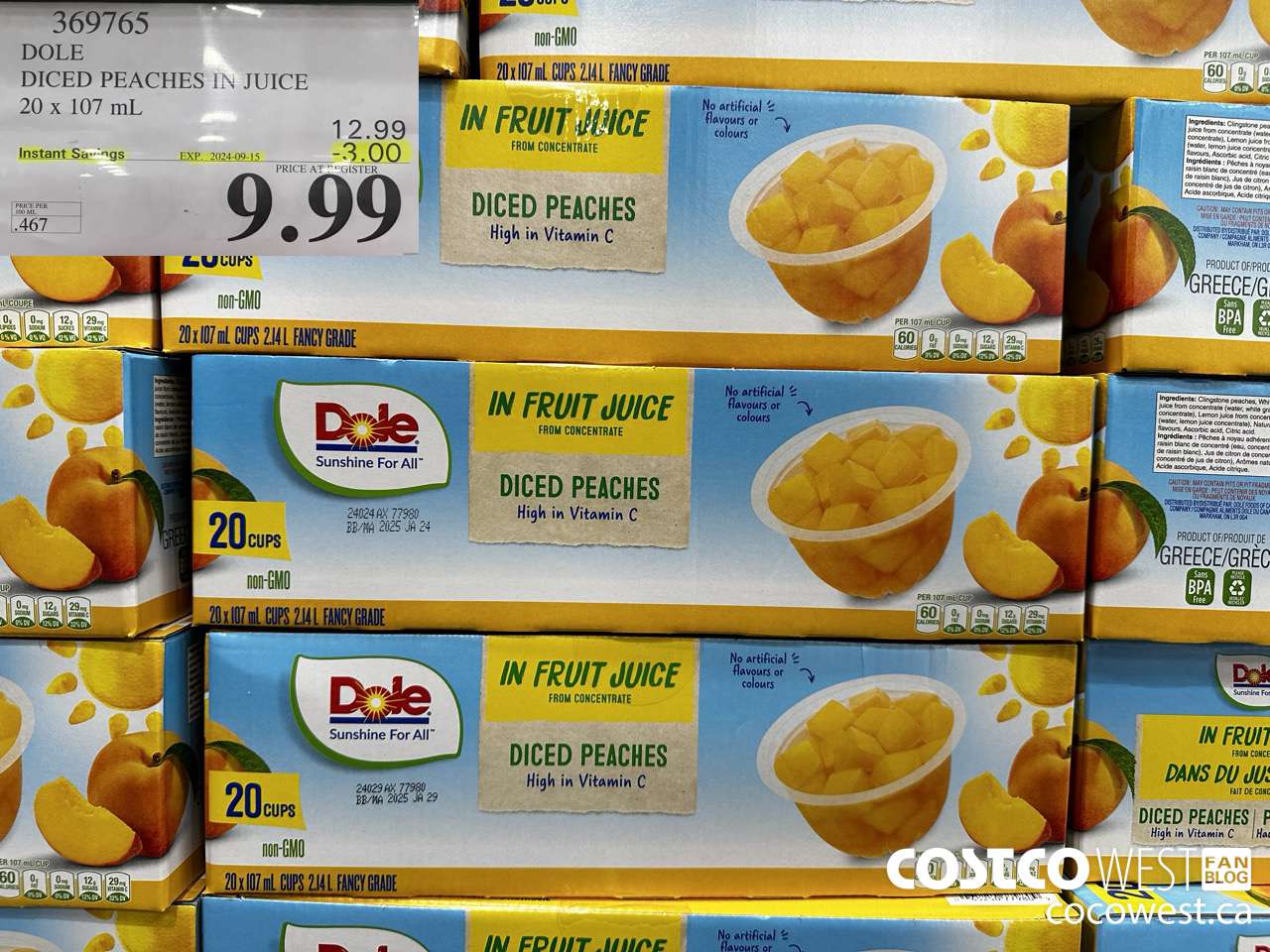 369765 DOLE DICED PEACHES IN JUICE 20 X 107ML ($3.00 INSTANT SAVINGS EXPIRES ON 2024-09-15) $9.99