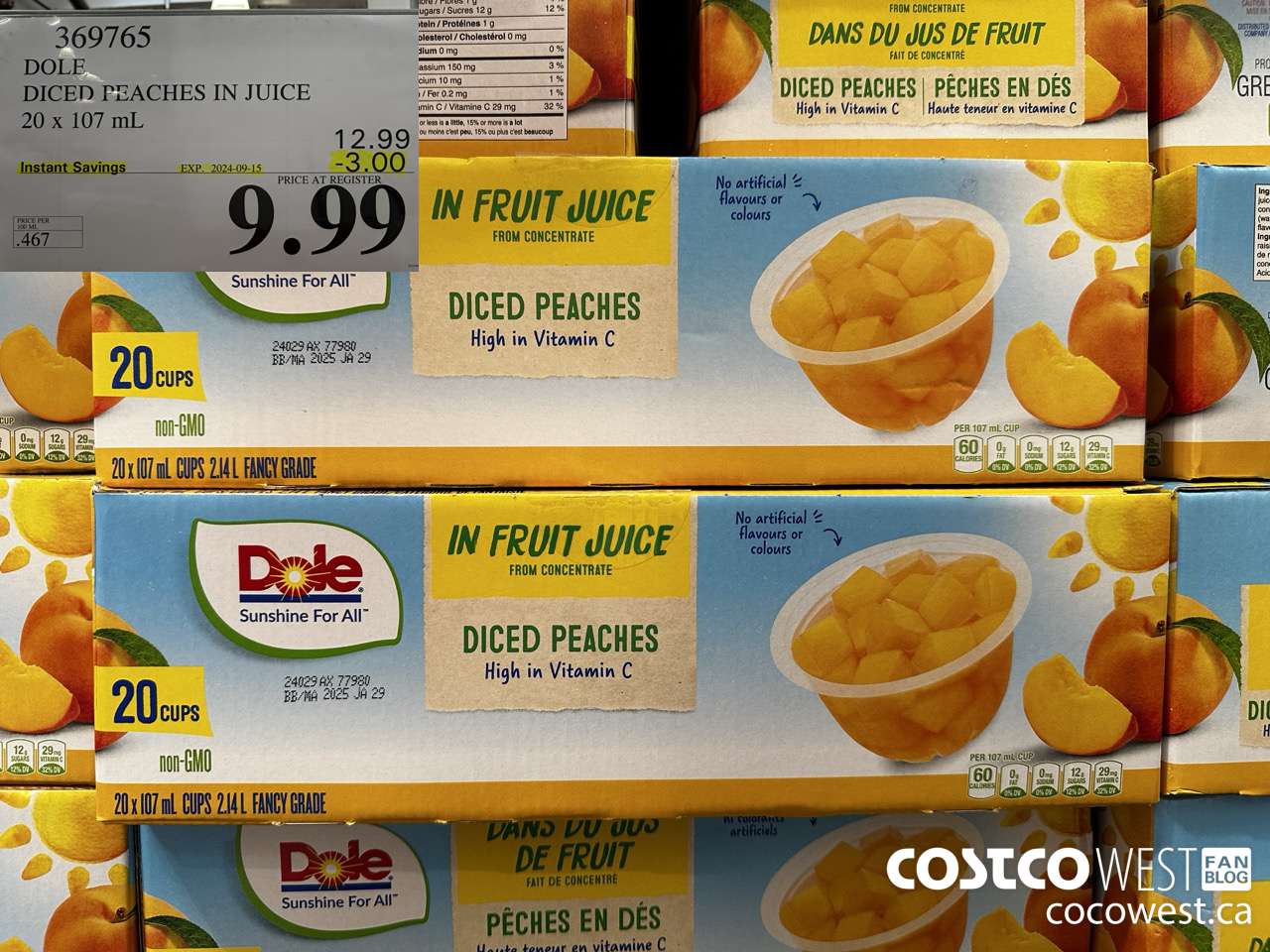 369765 DOLE DICED PEACHES IN JUICE 20 X 107ML ($3.00 INSTANT SAVINGS EXPIRES ON 2024-09-15) $9.99