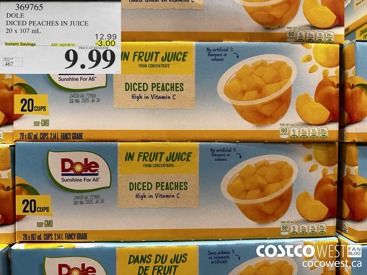 369765 DOLE DICED PEACHES IN JUICE 20 X 107ML ($3.00 INSTANT SAVINGS EXPIRES ON 2024-09-15) $9.99