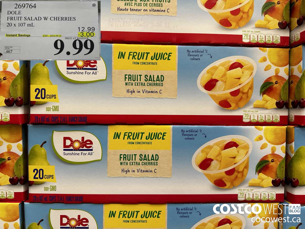 269764 DOLE FRUIT SALAD W CHERRIES 20 x 107 mL ($3.00 INSTANT SAVINGS EXPIRES ON 2024-09-15) $9.99