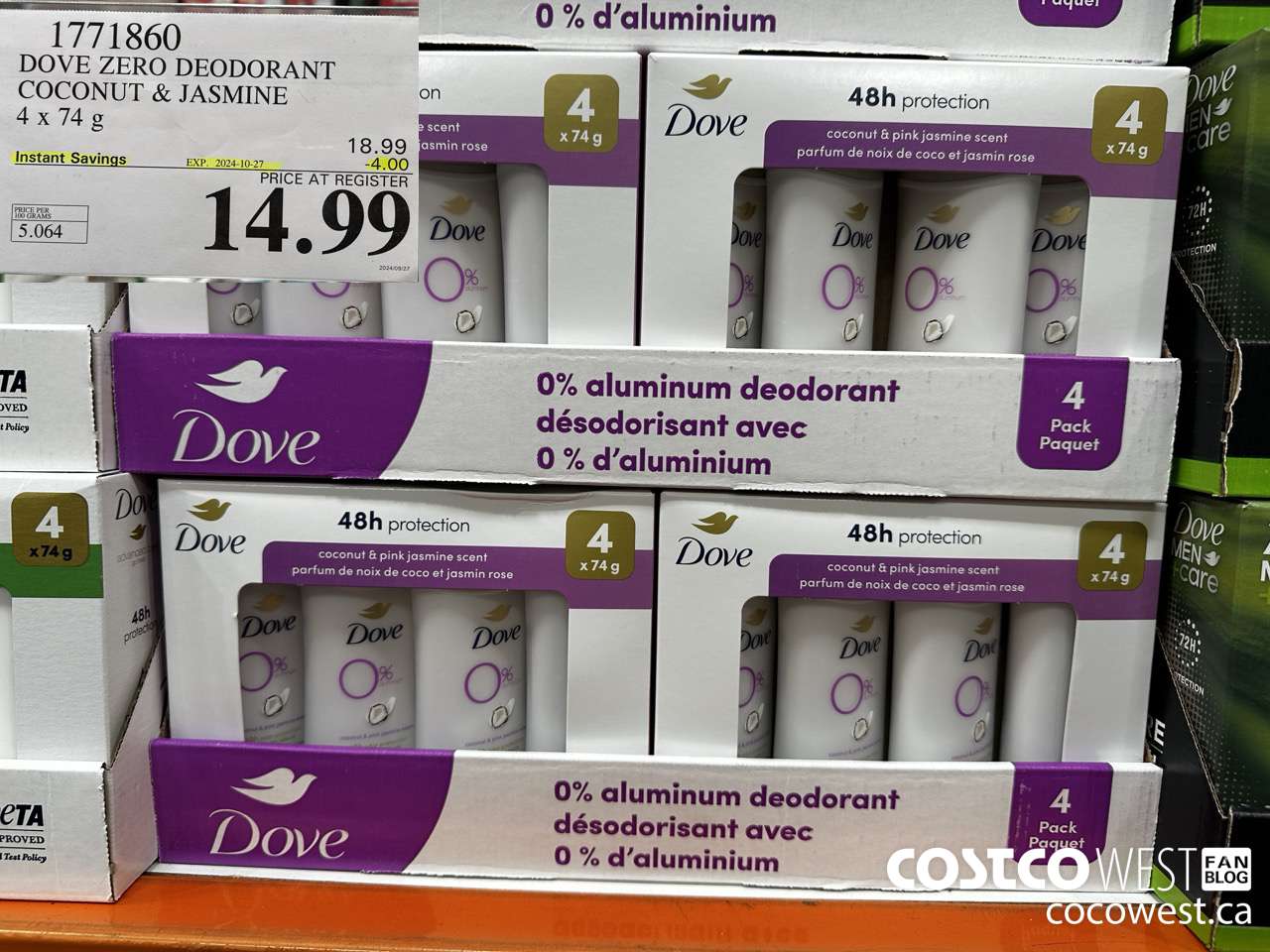 1771860 DOVE ZERO DEODORANT COCONUT & JASMINE 4 X 74G ($4.00 INSTANT SAVINGS EXPIRES ON 2024-10-27) $14.99