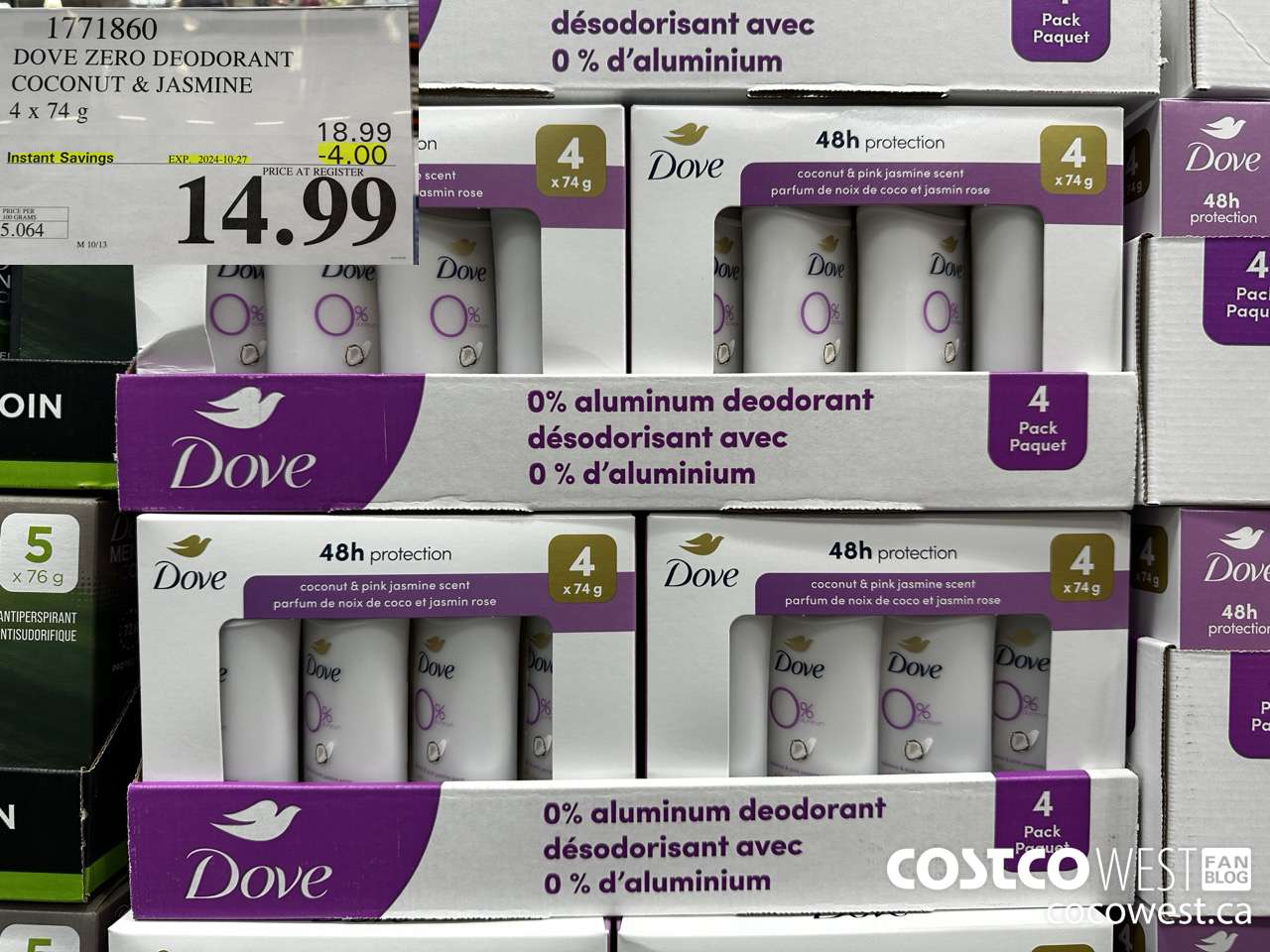 1771860 DOVE ZERO DEODORANT COCONUT & JASMINE 4 X 74G ($4.00 INSTANT SAVINGS EXPIRES ON 2024-10-27) $14.99