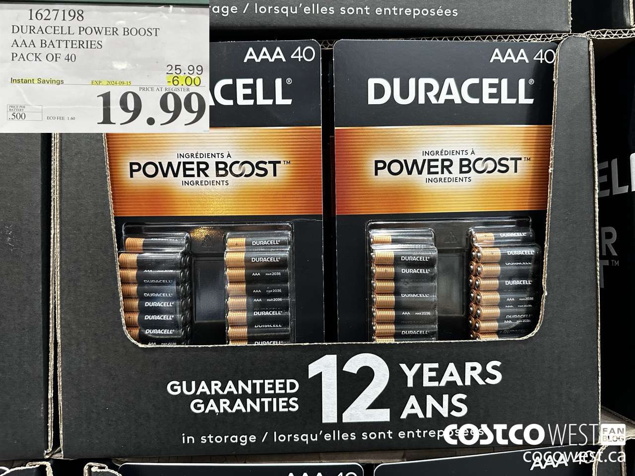 1627198 DURACELL POWER BOOST AAA BATTERIES PACK OF 40 ($6.00 INSTANT SAVINGS EXPIRES ON 2024-09-15) $19.99