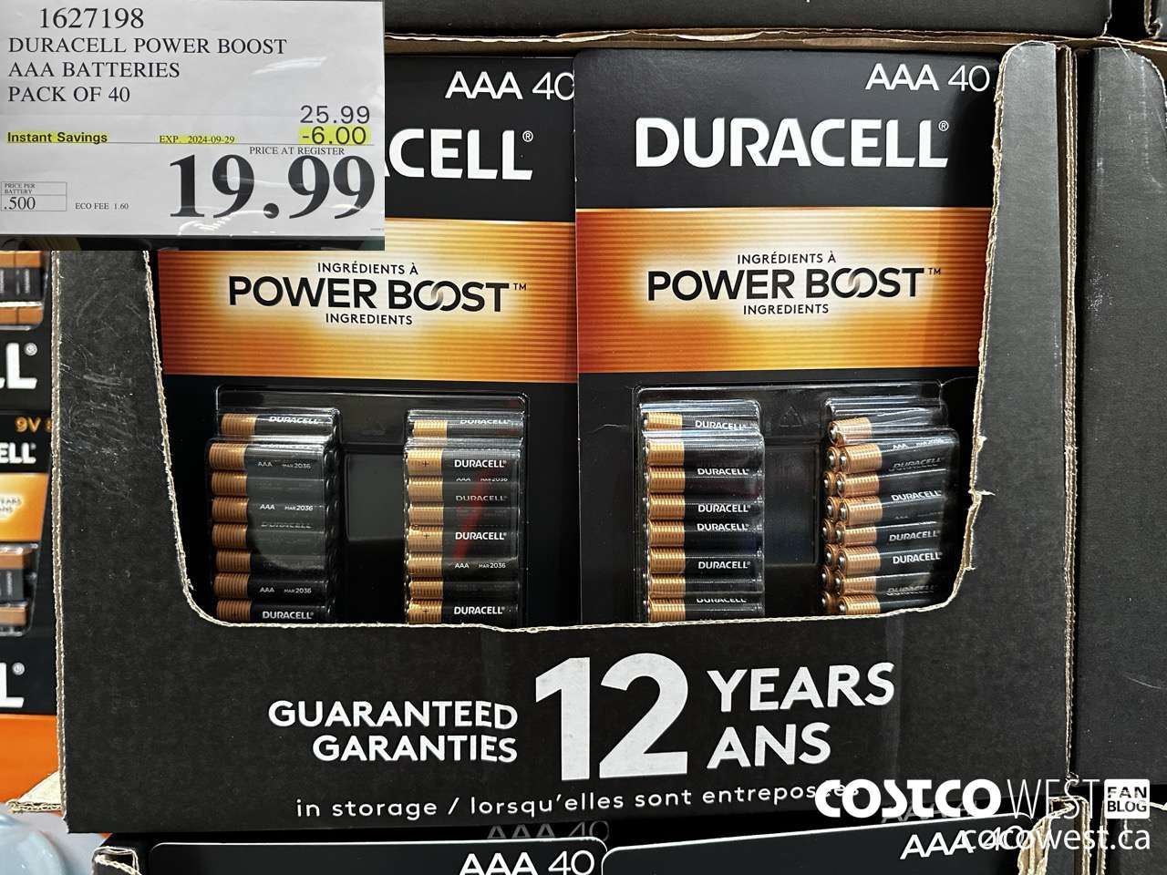 1627198 DURACELL POWER BOOST AAA BATTERIES PACK OF 40 ($6.00 INSTANT SAVINGS EXPIRES ON 2024-09-29) $19.99