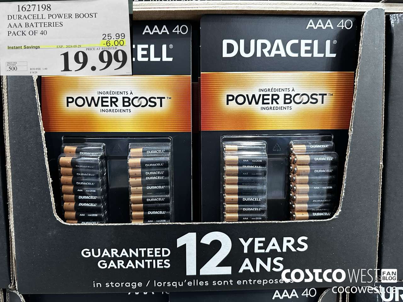 1627198 DURACELL POWER BOOST AAA BATTERIES PACK OF 40 ($6.00 INSTANT SAVINGS EXPIRES ON 2024-09-29) $19.99