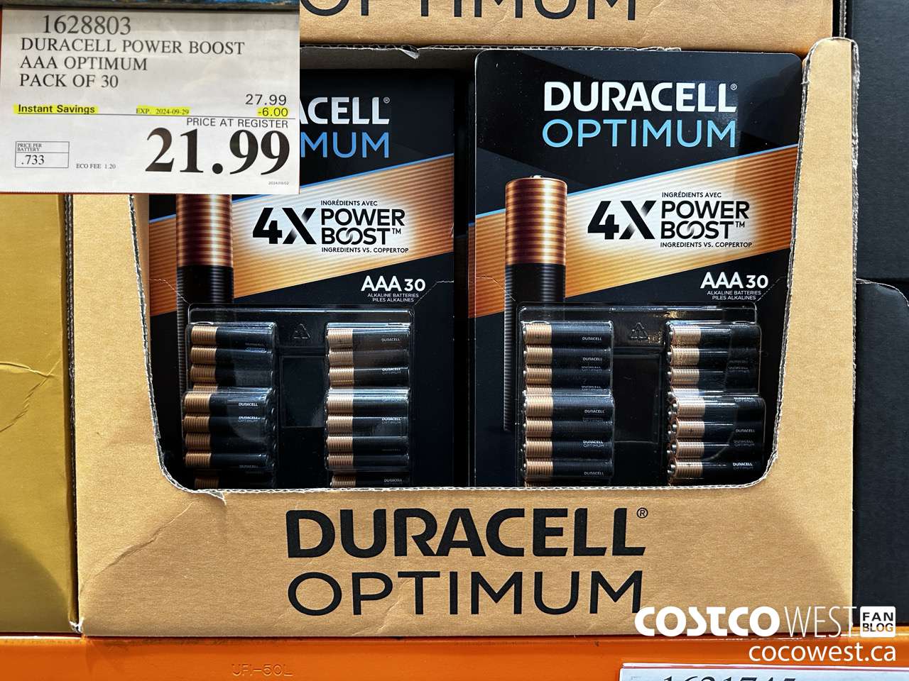 1628803 DURACELL POWER BOOST AAA OPTIMUM PACK OF 30 ($6.00 INSTANT SAVINGS EXPIRES ON 2024-09-29) $21.99