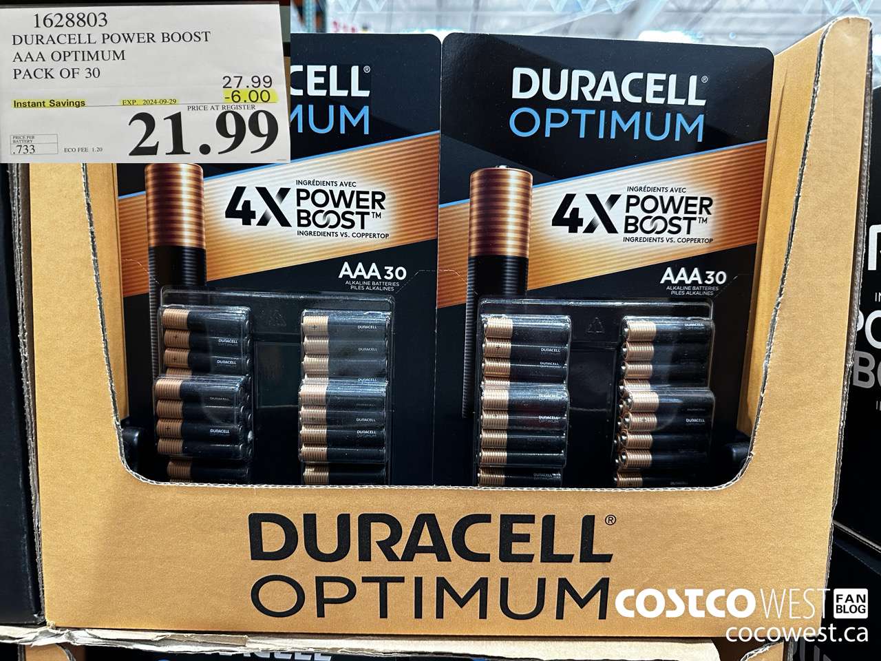 1628803 DURACELL POWER BOOST AAA OPTIMUM PACK OF 30 ($6.00 INSTANT SAVINGS EXPIRES ON 2024-09-29) $21.99
