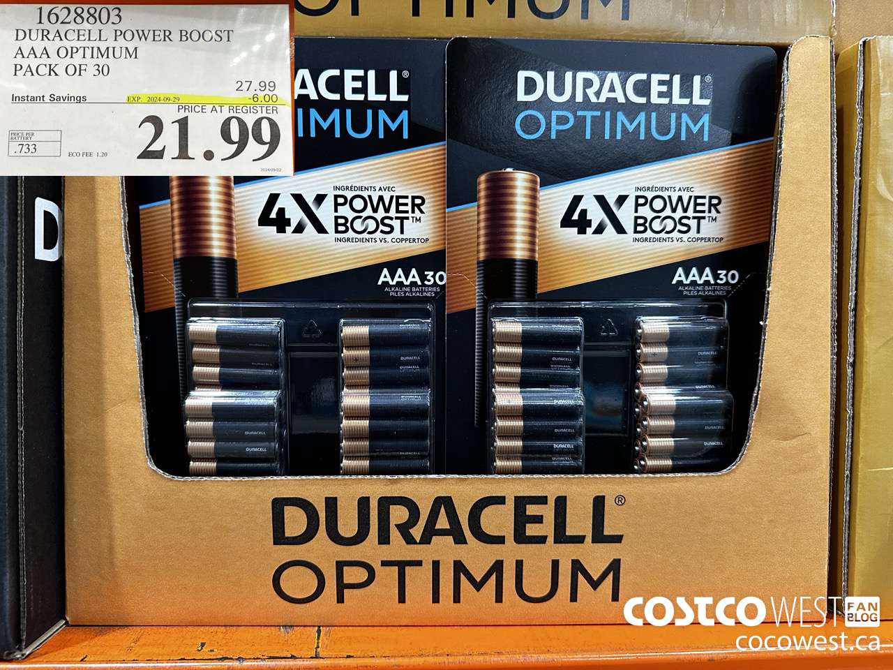 1628803 DURACELL POWER BOOST AAA OPTIMUM PACK OF 30 ($6.00 INSTANT SAVINGS EXPIRES ON 2024-09-29) $21.99