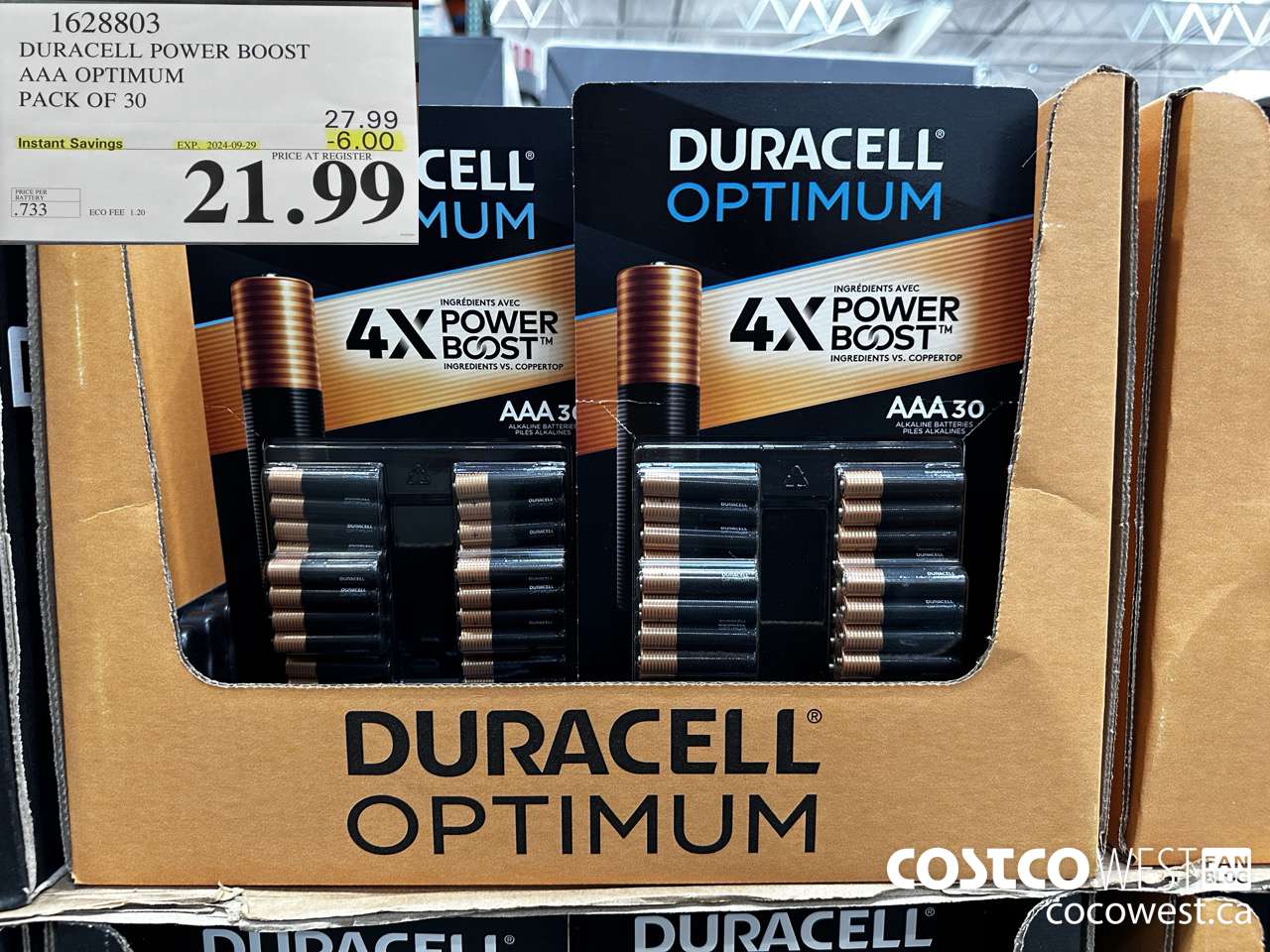 1628803 DURACELL POWER BOOST AAA OPTIMUM PACK OF 30 ($6.00 INSTANT SAVINGS EXPIRES ON 2024-09-29) $21.99