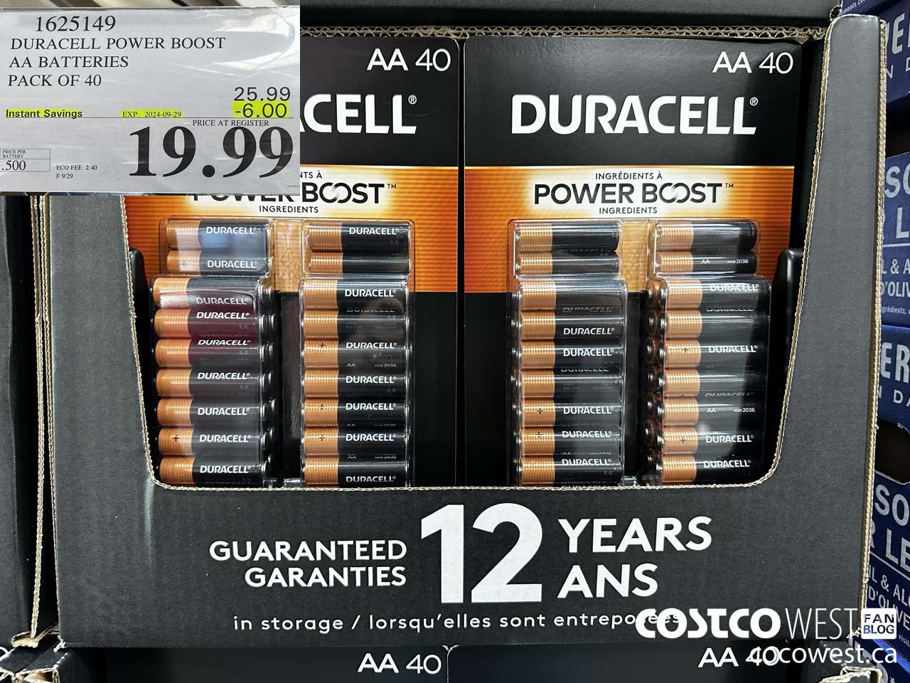 1625149 DURACELL POWER BOOST AA BATTERIES PACK OF 40 ($6.00 INSTANT SAVINGS EXPIRES ON 2024-09-29) $19.99