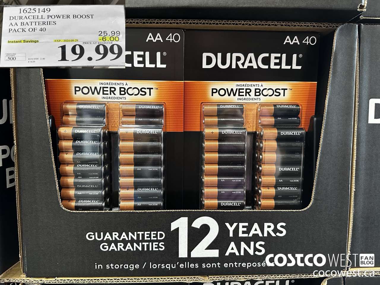 1625149 DURACELL POWER BOOST AA BATTERIES PACK OF 40 ($6.00 INSTANT SAVINGS EXPIRES ON 2024-09-29) $19.99