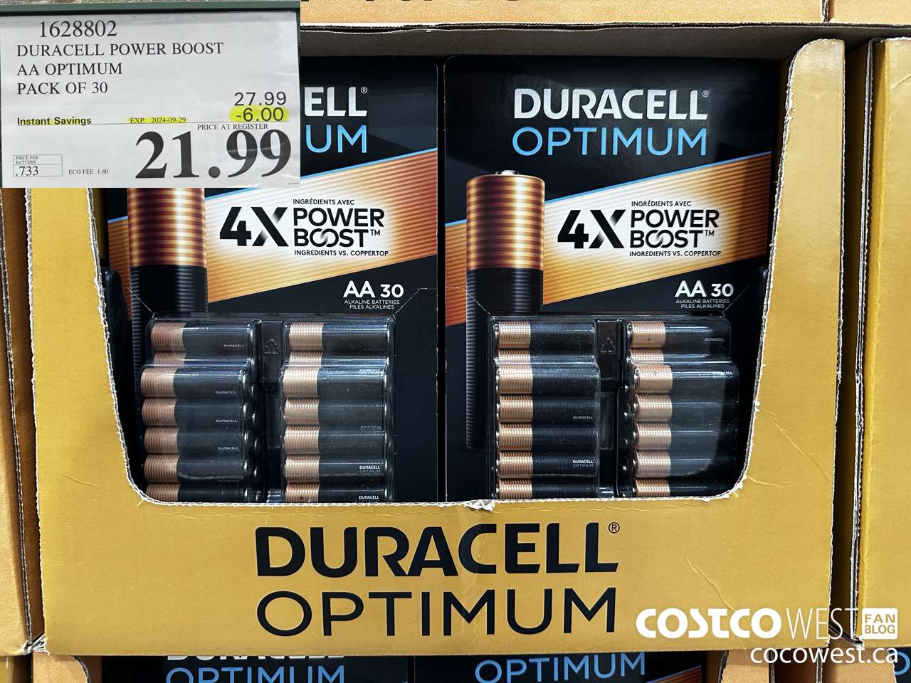 1628802 DURACELL POWER BOOST AA OPTIMUM PACK OF 30 ($6.00 INSTANT SAVINGS EXPIRES ON 2024-09-29) $21.99