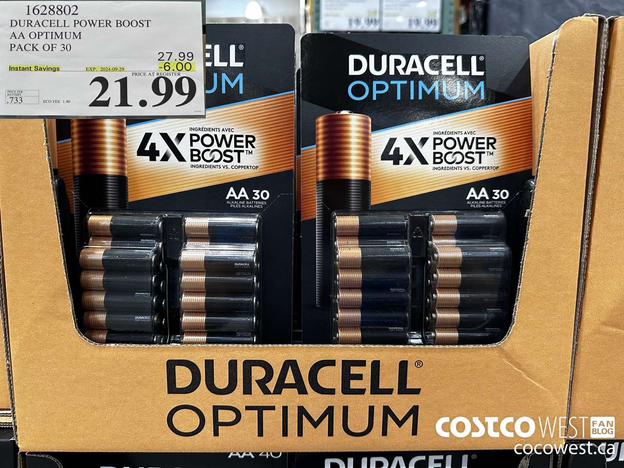 1628802 DURACELL POWER BOOST AA OPTIMUM PACK OF 30 ($6.00 INSTANT SAVINGS EXPIRES ON 2024-09-29) $21.99