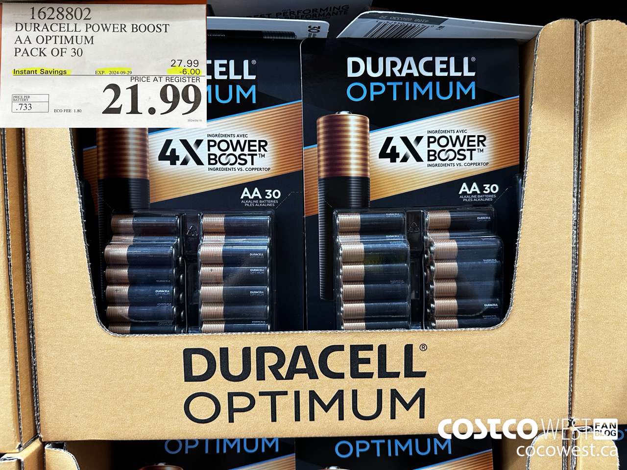 1628802 DURACELL POWER BOOST AA OPTIMUM PACK OF 30 ($6.00 INSTANT SAVINGS EXPIRES ON 2024-09-29) $21.99