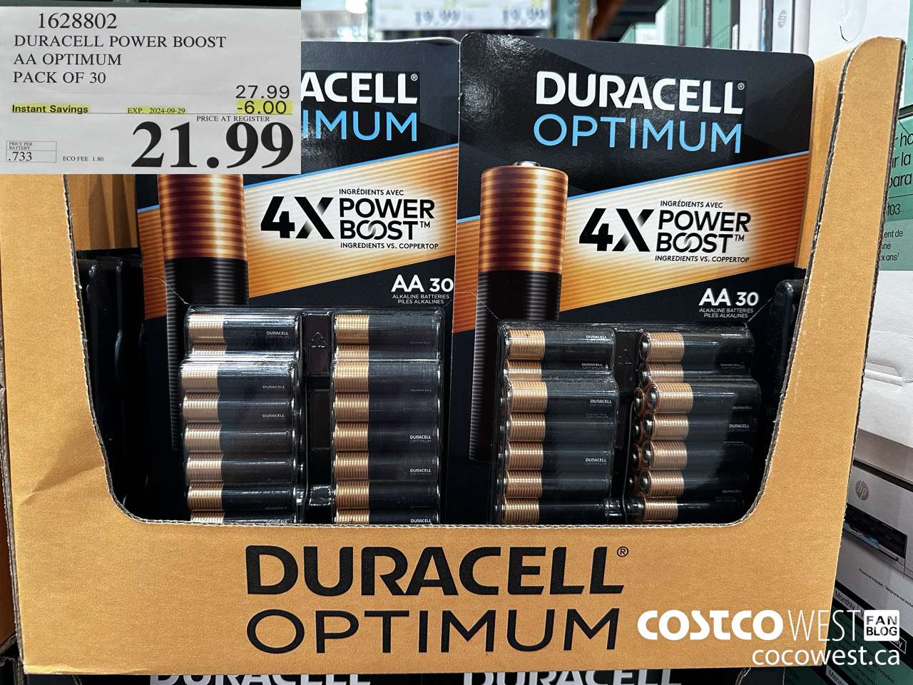 1628802 DURACELL POWER BOOST AA OPTIMUM PACK OF 30 ($6.00 INSTANT SAVINGS EXPIRES ON 2024-09-29) $21.99