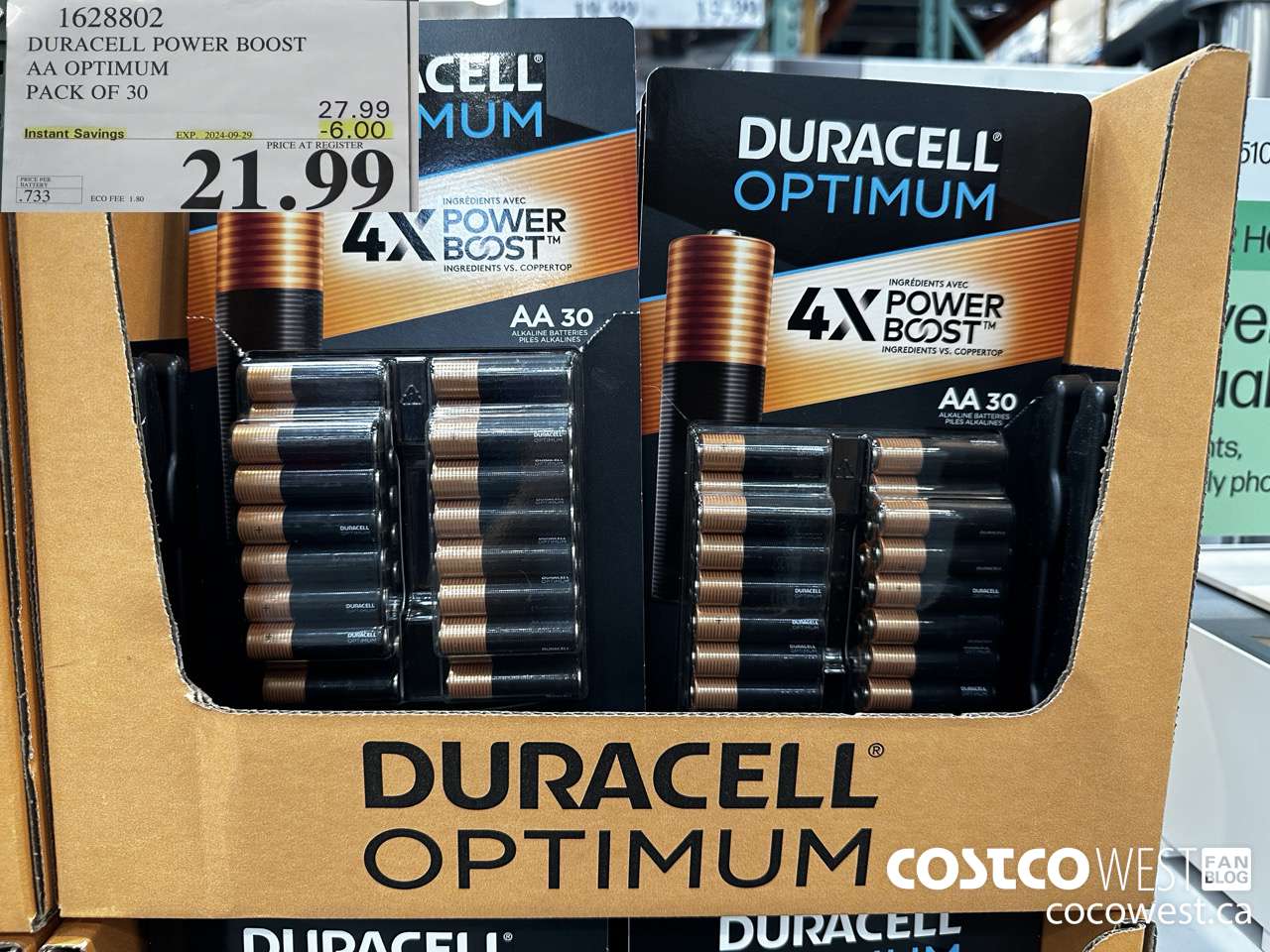 1628802 DURACELL POWER BOOST AA OPTIMUM PACK OF 30 ($6.00 INSTANT SAVINGS EXPIRES ON 2024-09-29) $21.99