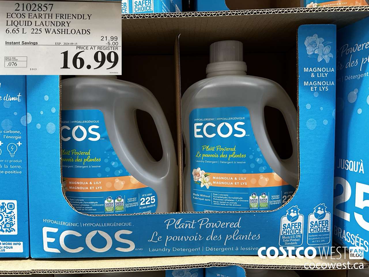 2102857 ECOS EARTH FRIENDLY LIQUID LAUNDRY 6.65 L 225 WASHLOADDS ($5.00 INSTANT SAVINGS EXPIRES ON 2024-09-15) $16.99