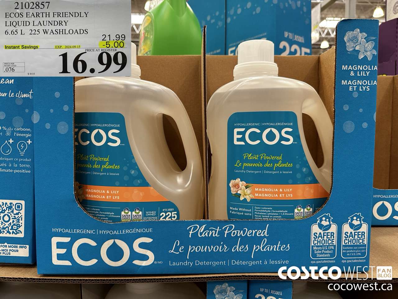 2102857 ECOS EARTH FRIENDLY LIQUID LAUNDRY 6.65 L 225 WASHLOADDS ($5.00 INSTANT SAVINGS EXPIRES ON 2024-09-15) $16.99