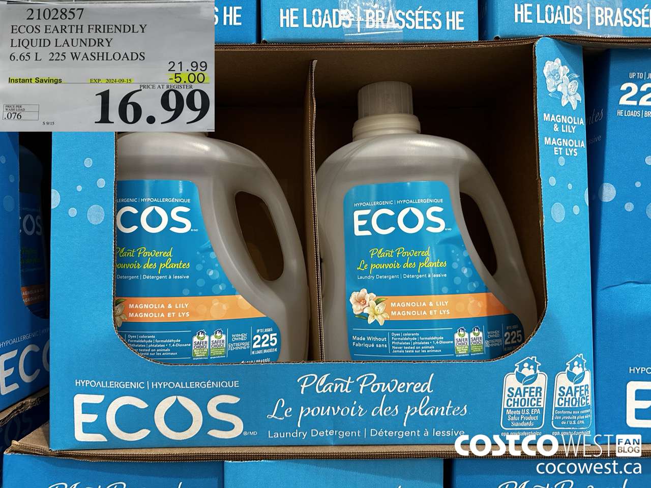 2102857 ECOS EARTH FRIENDLY LIQUID LAUNDRY 6.65 L 225 WASHLOADDS ($5.00 INSTANT SAVINGS EXPIRES ON 2024-09-15) $16.99