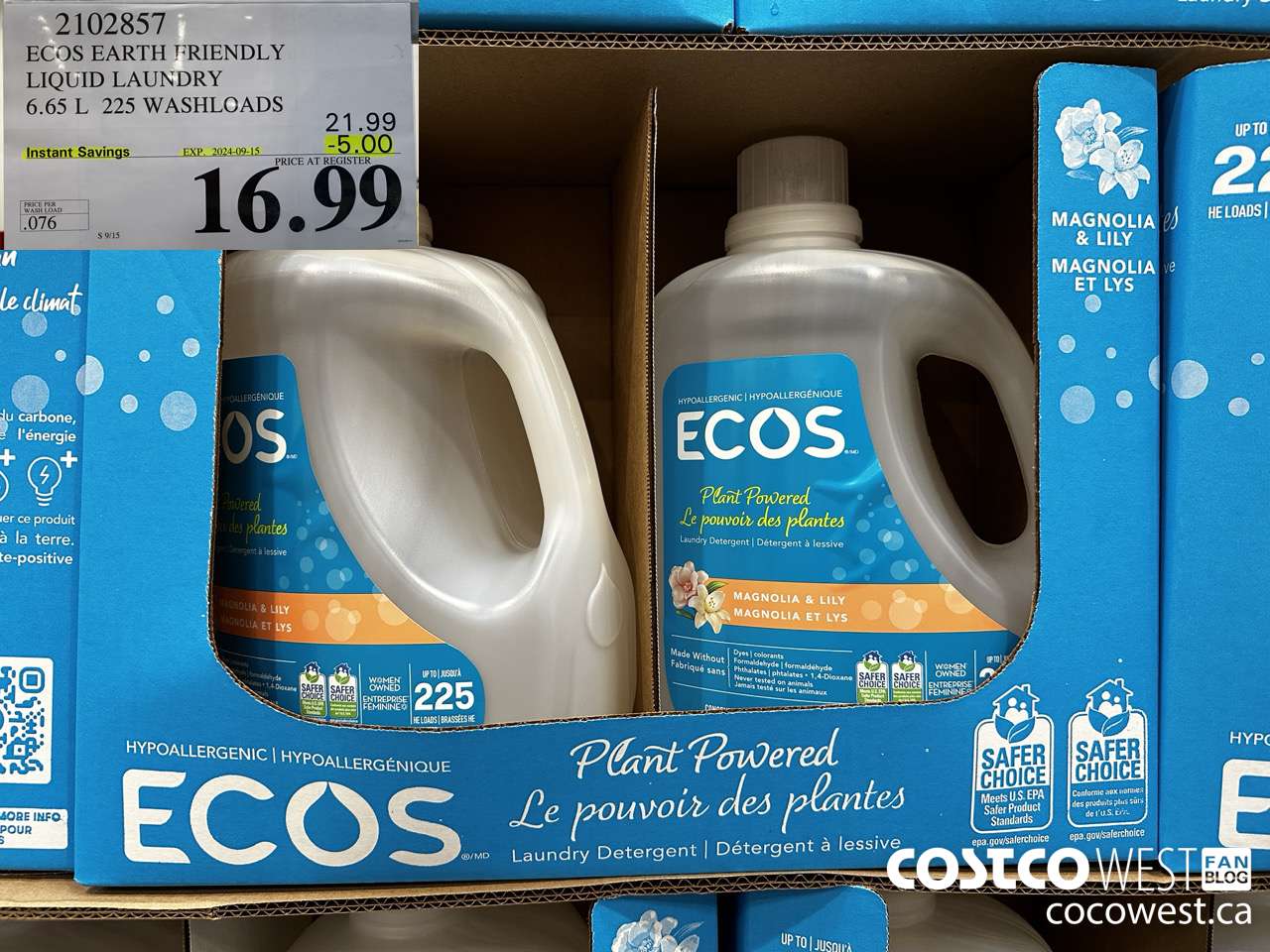 2102857 ECOS EARTH FRIENDLY LIQUID LAUNDRY 6.65 L 225 WASHLOADDS ($5.00 INSTANT SAVINGS EXPIRES ON 2024-09-15) $16.99