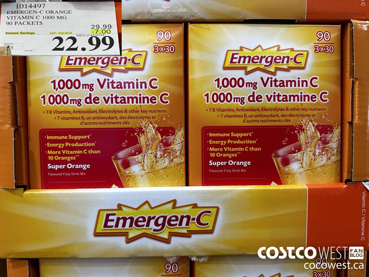 1014497 EMERGEN-C ORANGE VITAMIN C 1000 MG 90 PACKETS ($7.00 INSTANT SAVINGS EXPIRES ON 2024-09-29) $22.99