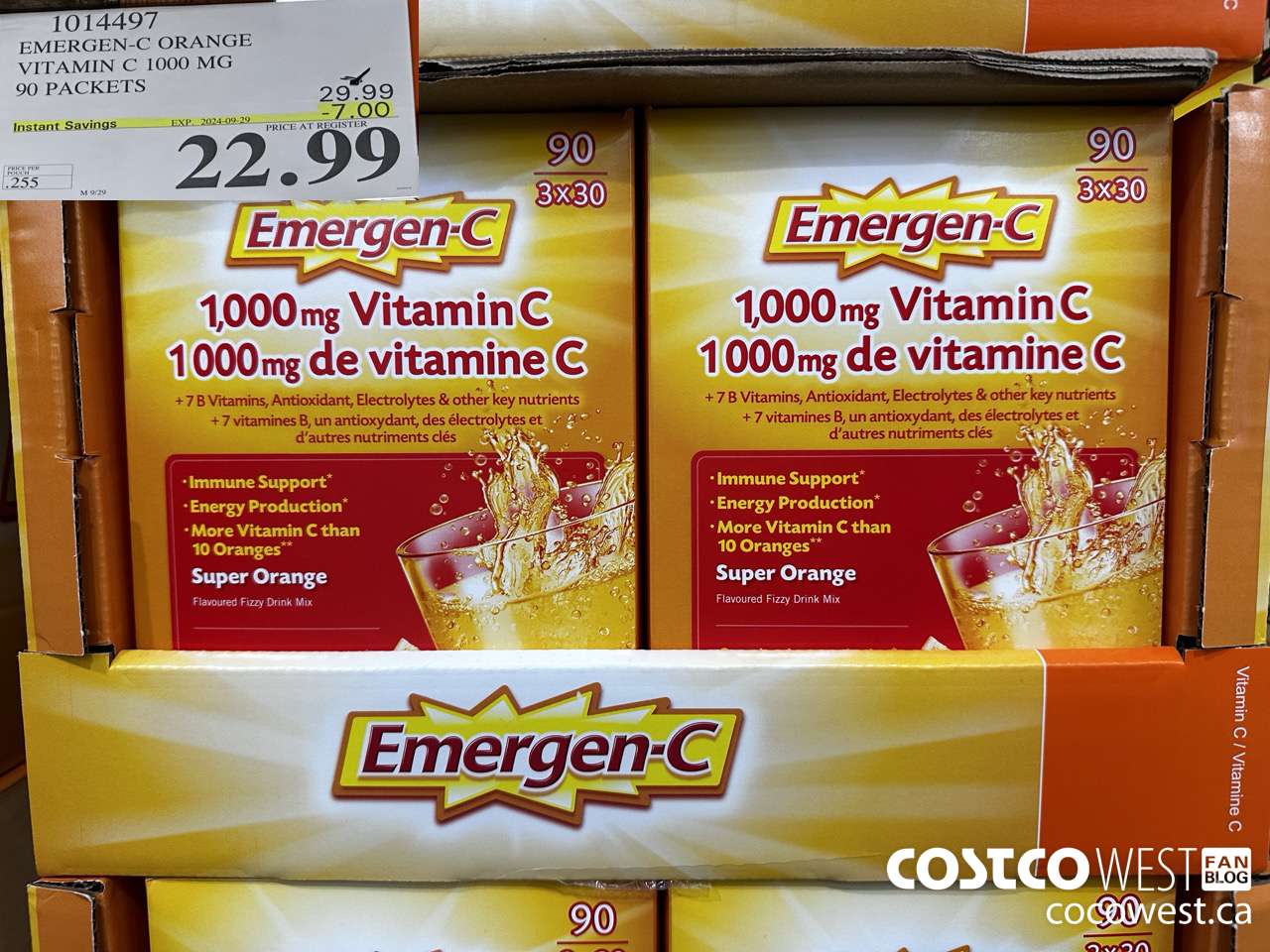 1014497 EMERGEN-C ORANGE VITAMIN C 1000 MG 90 PACKETS ($7.00 INSTANT SAVINGS EXPIRES ON 2024-09-29) $22.99