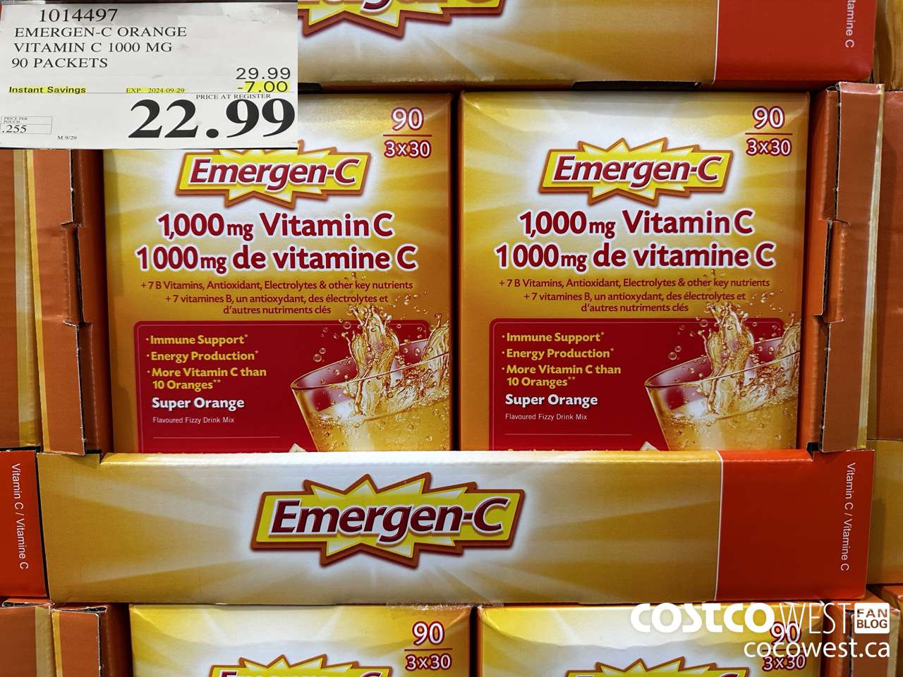 1014497 EMERGEN-C ORANGE VITAMIN C 1000 MG 90 PACKETS ($7.00 INSTANT SAVINGS EXPIRES ON 2024-09-29) $22.99