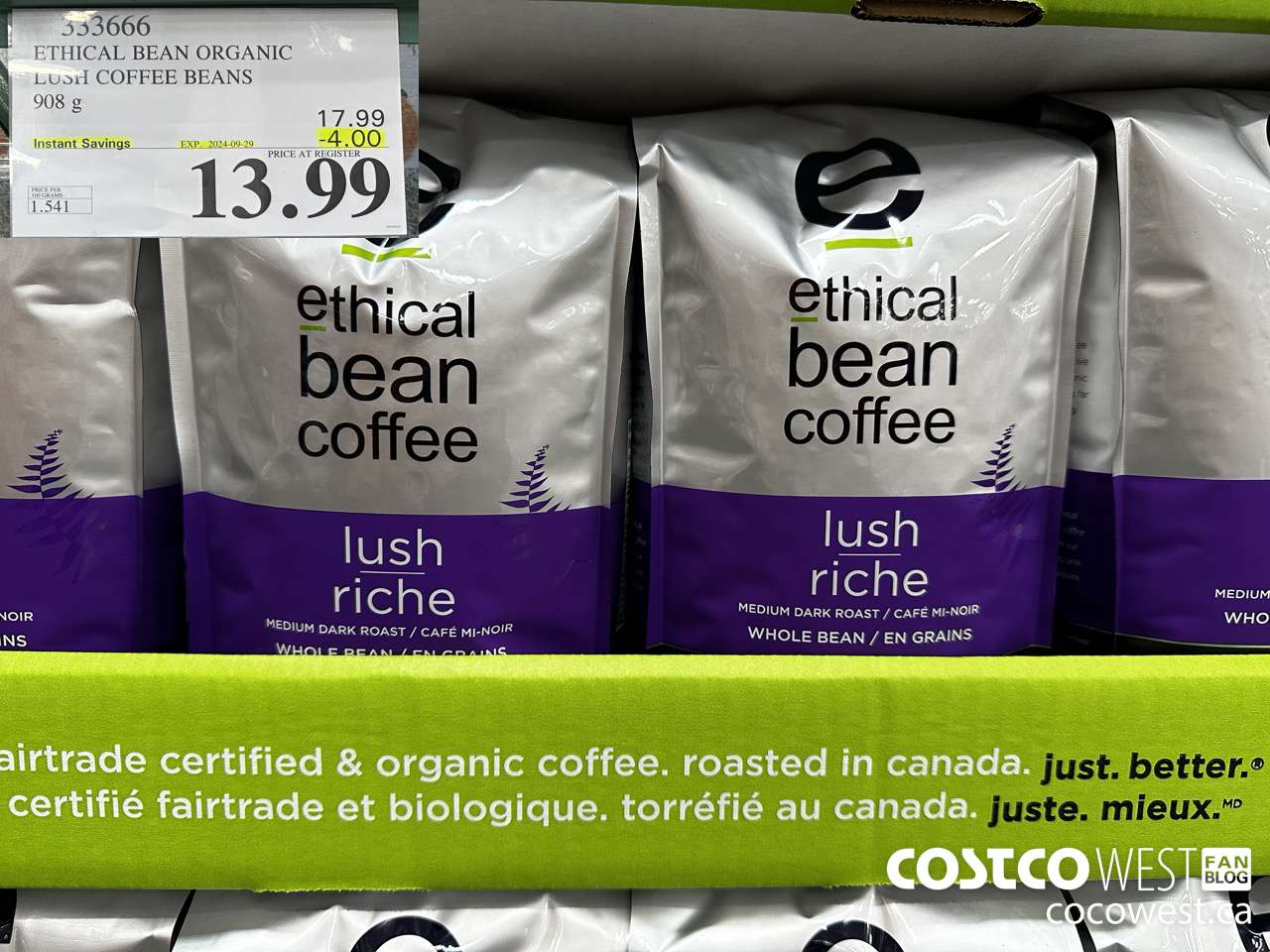 333666 ETHICAL BEAN ORGANIC LUSH COFFEE BEANS 908 g ($4.00 INSTANT SAVINGS EXPIRES ON 2024-09-29) $13.99