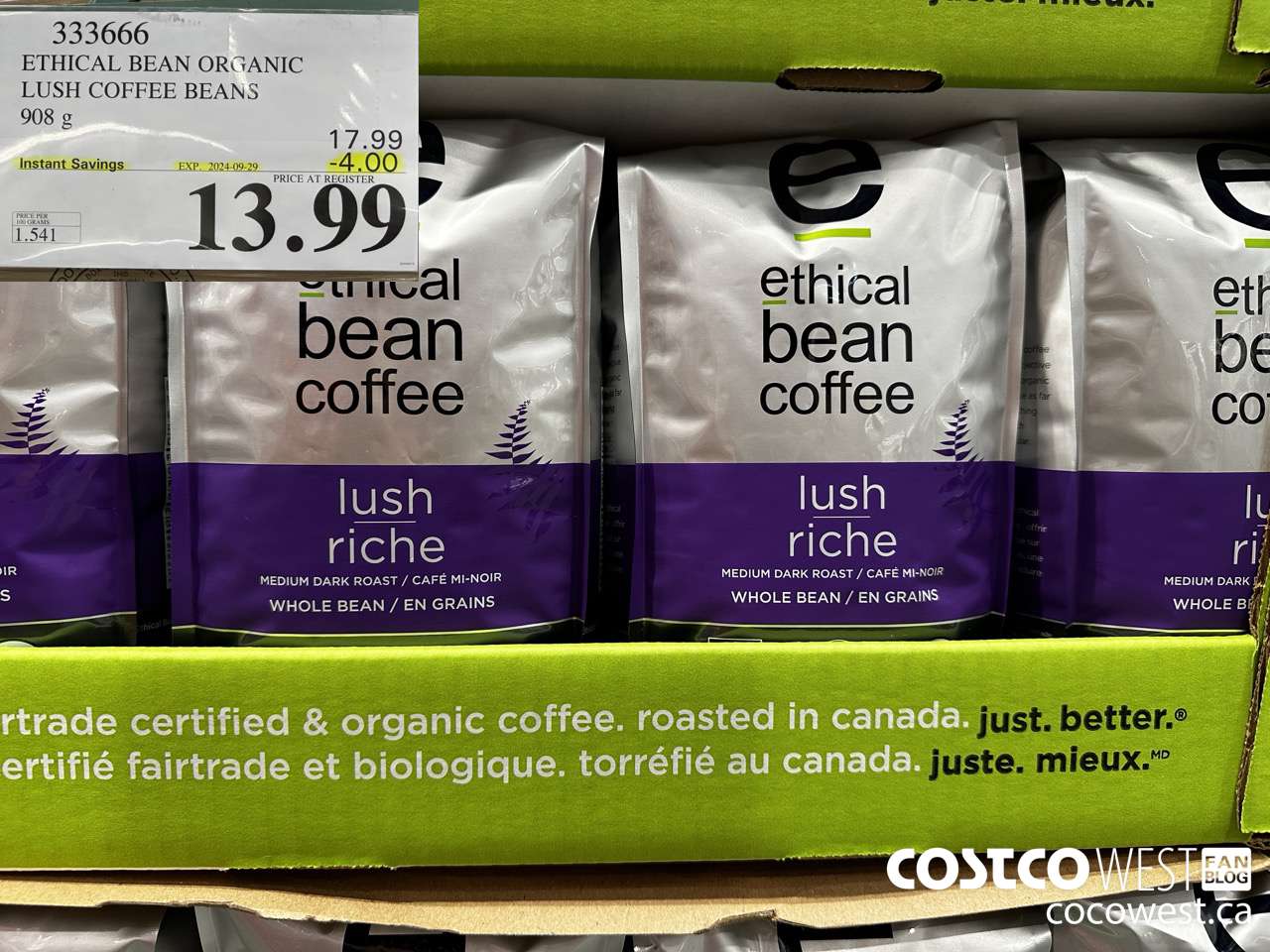 333666 ETHICAL BEAN ORGANIC LUSH COFFEE BEANS 908 g ($4.00 INSTANT SAVINGS EXPIRES ON 2024-09-29) $13.99
