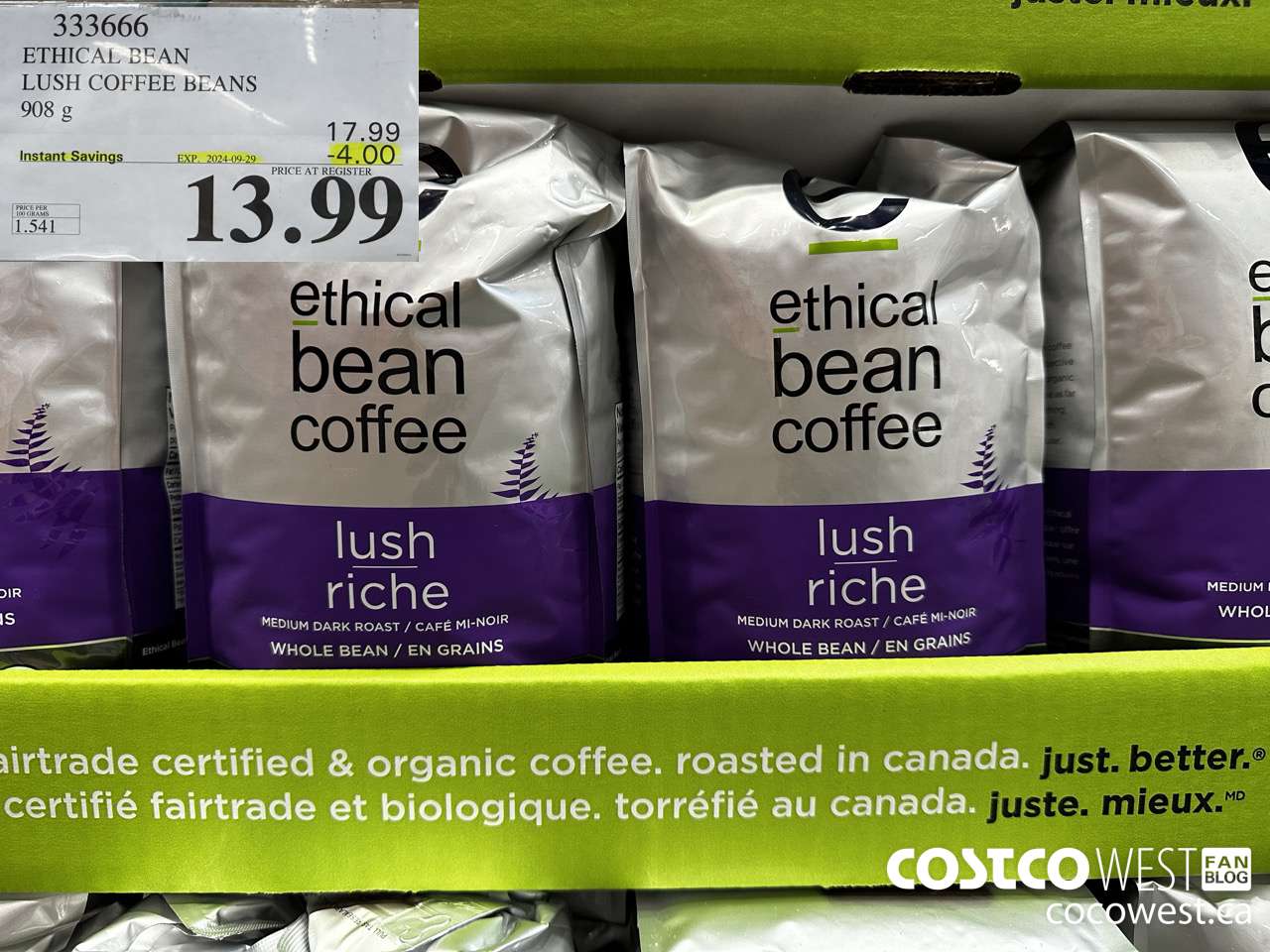 333666 ETHICAL BEAN ORGANIC LUSH COFFEE BEANS 908 g ($4.00 INSTANT SAVINGS EXPIRES ON 2024-09-29) $13.99