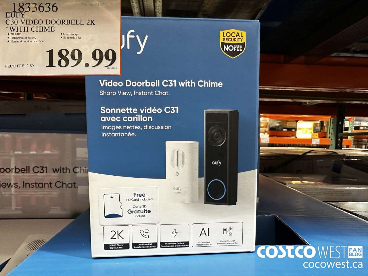 1833636 EUFY C30 VIDEO DOORBELL 2K WITH CHIME $189.99