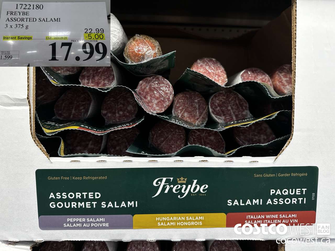 1722180 FREYBE ASSORTED SALAMI 3 x 375 g ($5.00 INSTANT SAVINGS EXPIRES ON 2024-09-29) $17.99