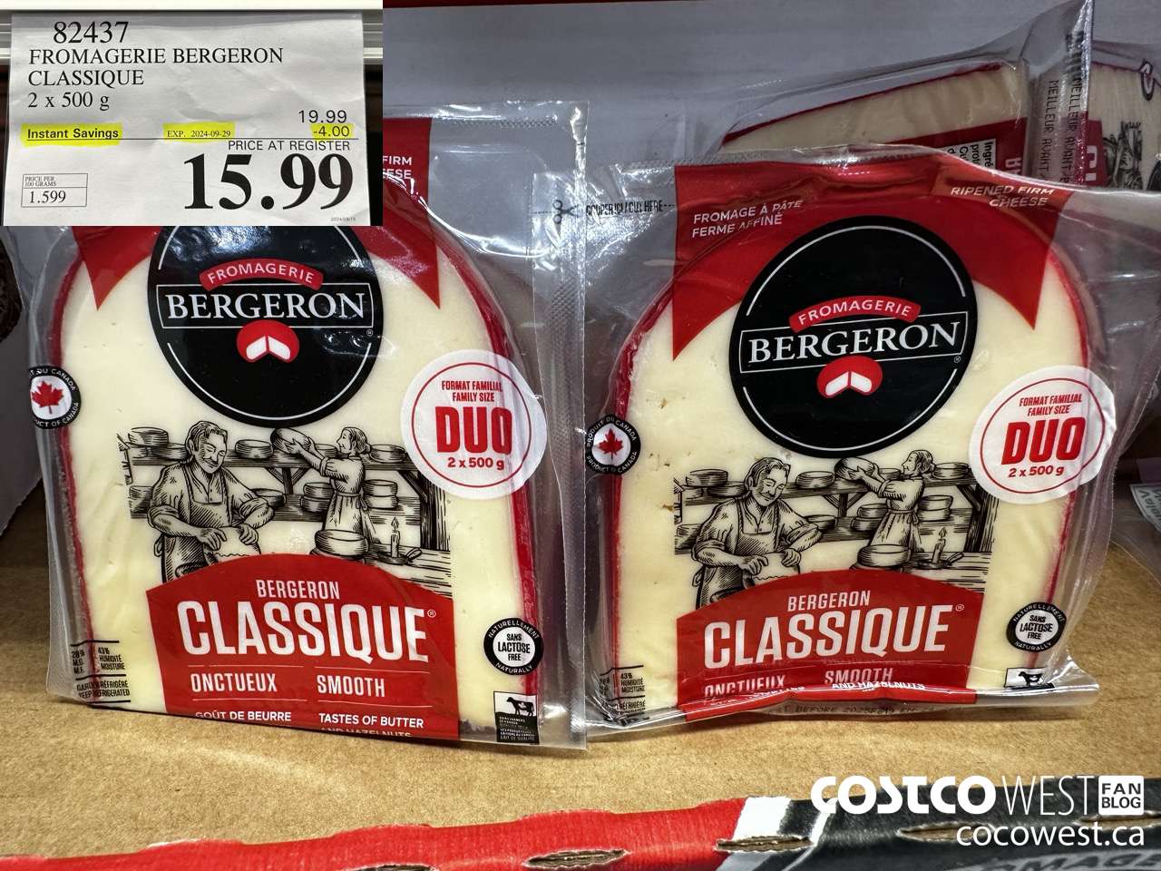 82437 FROMAGERIE BERGERON CLASSIQUE 2 X 500 G ($4.00 INSTANT SAVINGS EXPIRES ON 2024-09-29) $15.99
